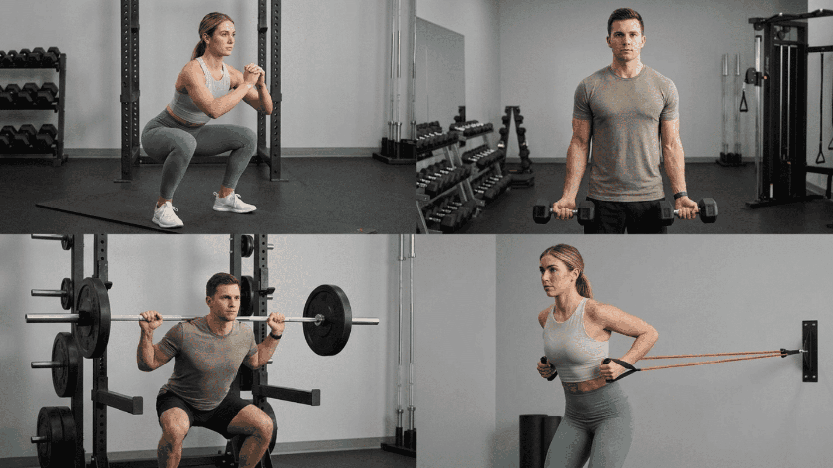 Two people performing strength training exercises with squats, dumbbell curls, barbell lifts, and resistance band workouts in a gym.