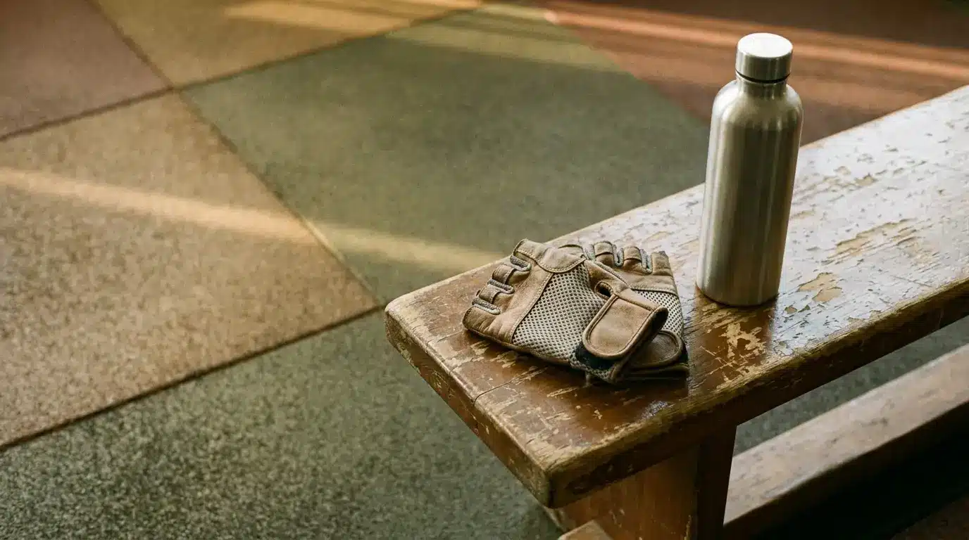 Fitness gloves and metal water bottle on wooden bench in gym with textured flooring