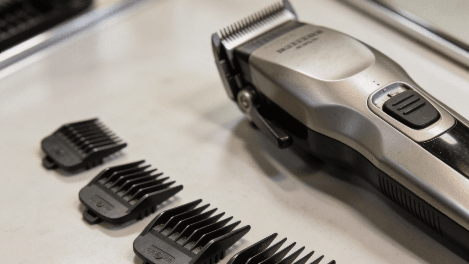 Hair clippers on a countertop with several black clipper guards arranged in a row in front