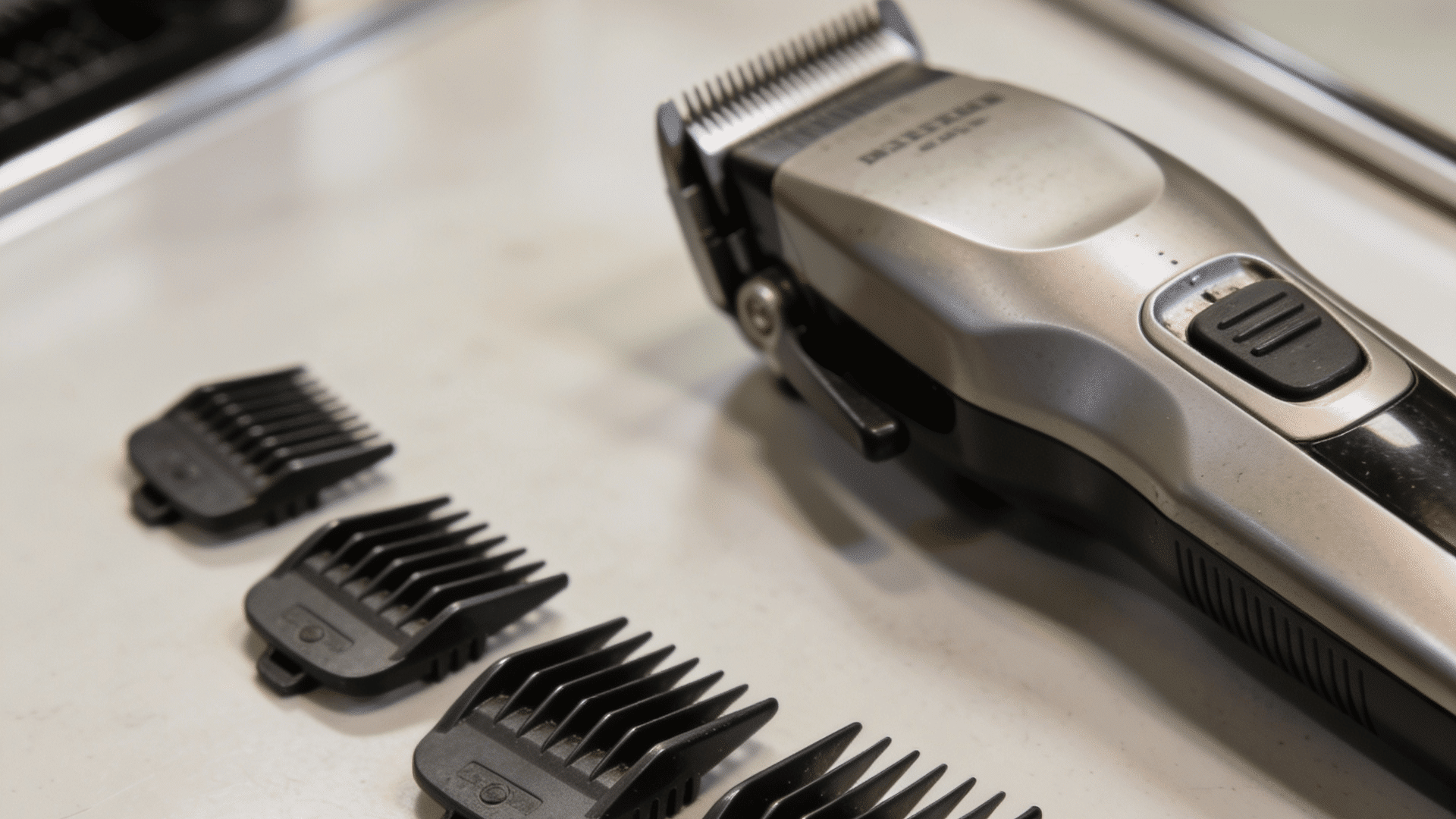 Hair clippers on a countertop with several black clipper guards arranged in a row in front