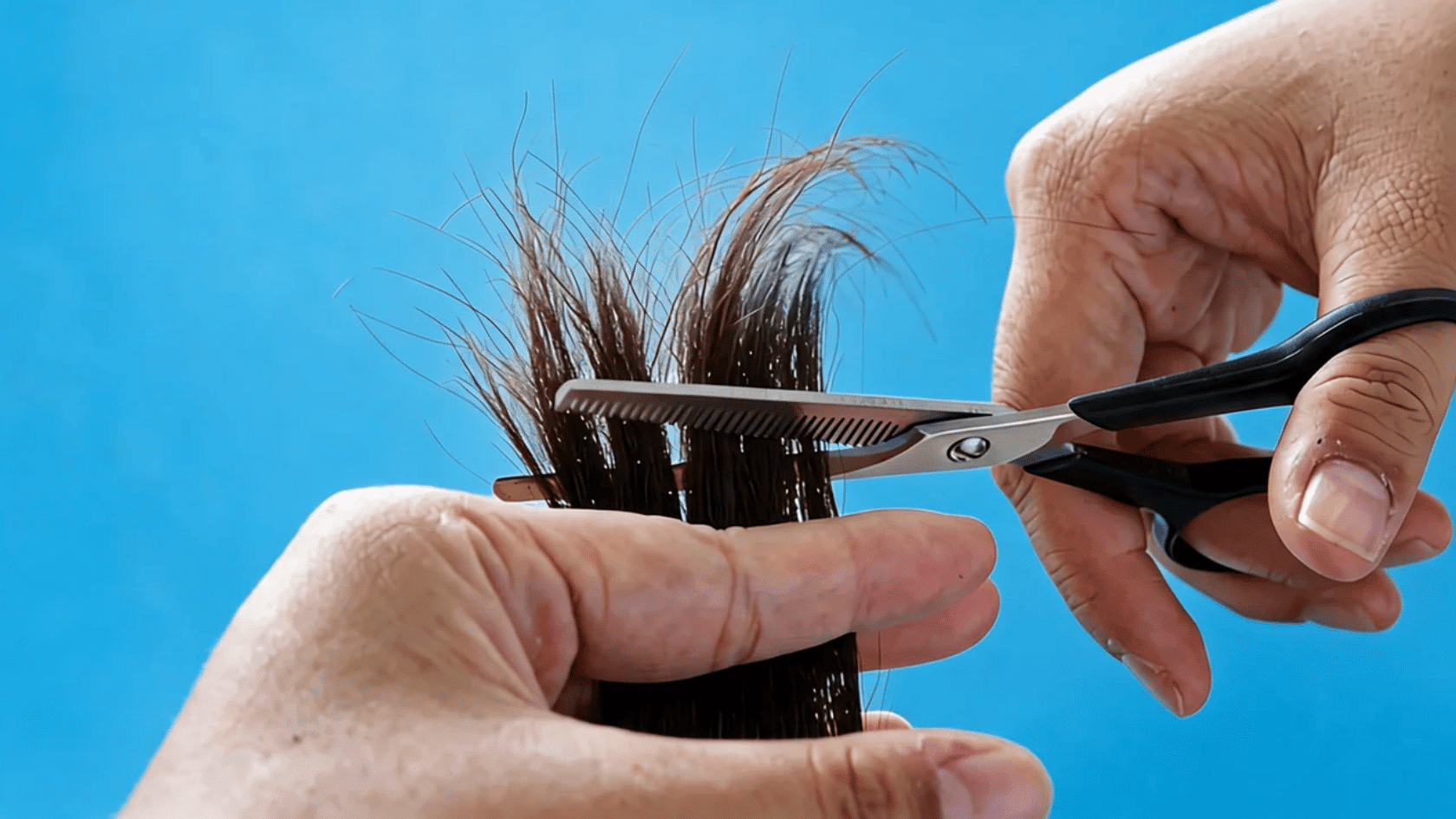 Hair ends being trimmed with scissors to remove damaged sections.