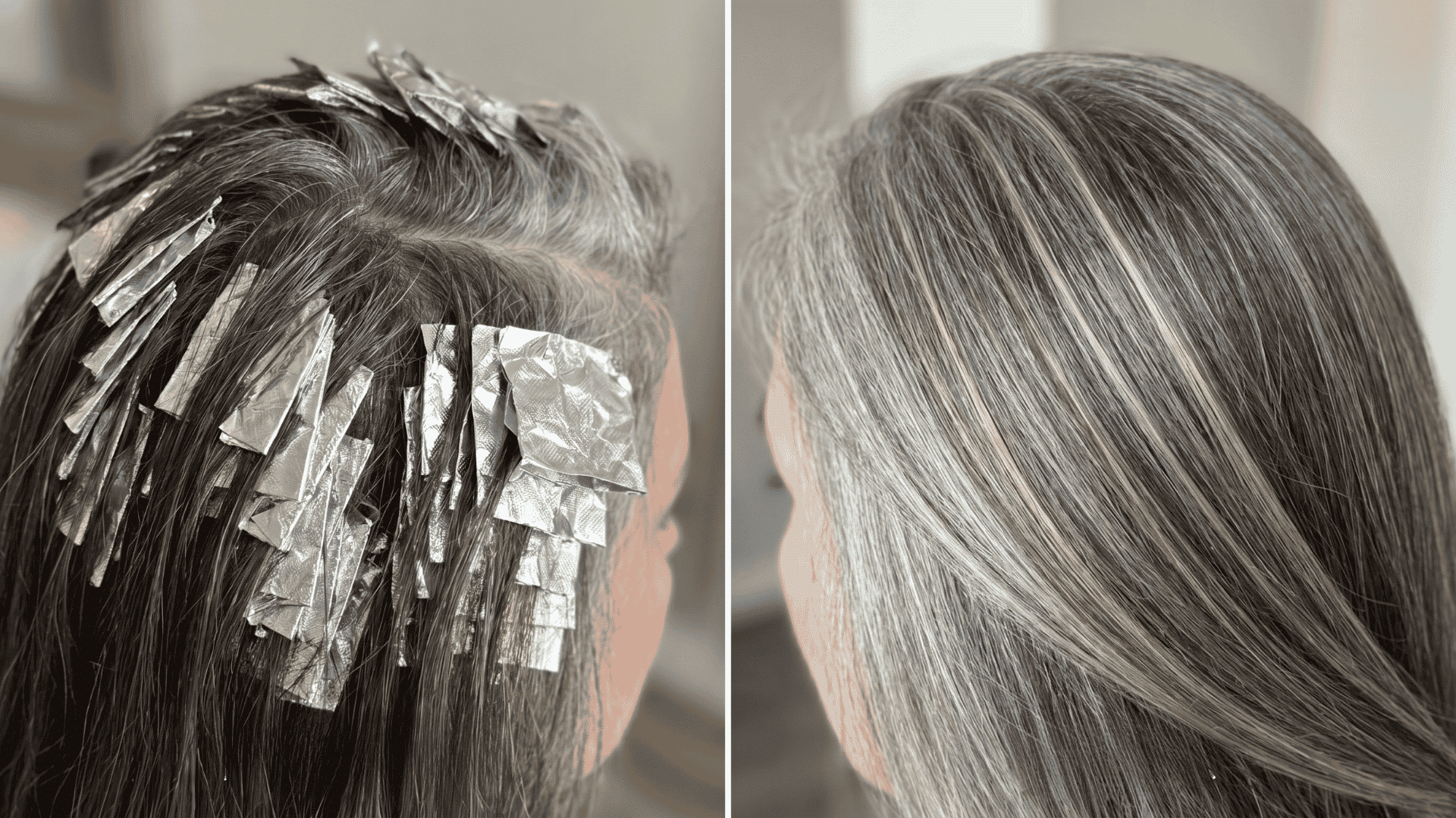 Hair with tiny foils at roots and final babylights blending grey and base color.