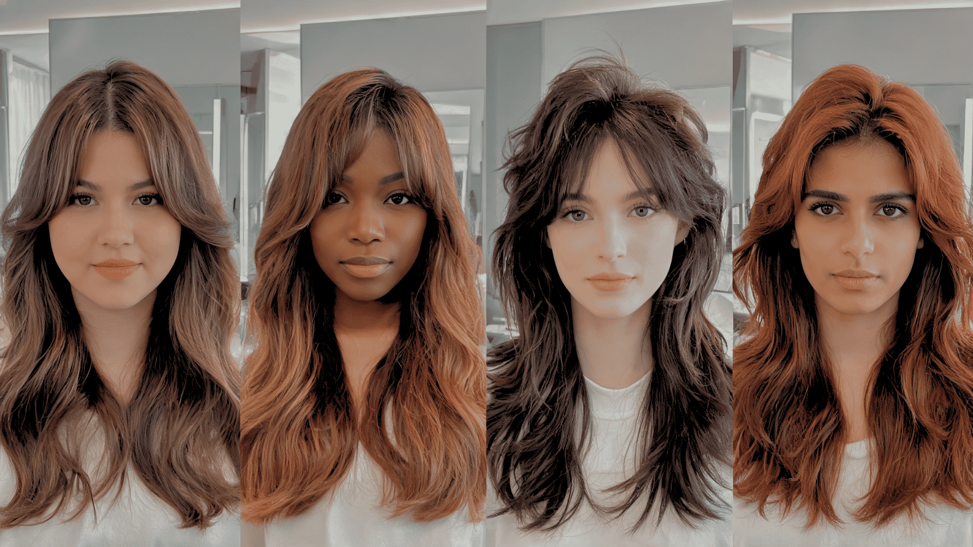 Haircut collage showing different layered hairstyles with face-framing bangs and textured finishes.