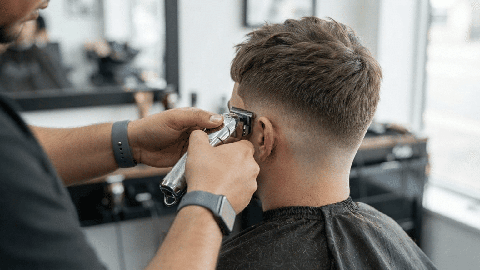 Barber trimming a client's hair to create a clean low taper fade haircut.
