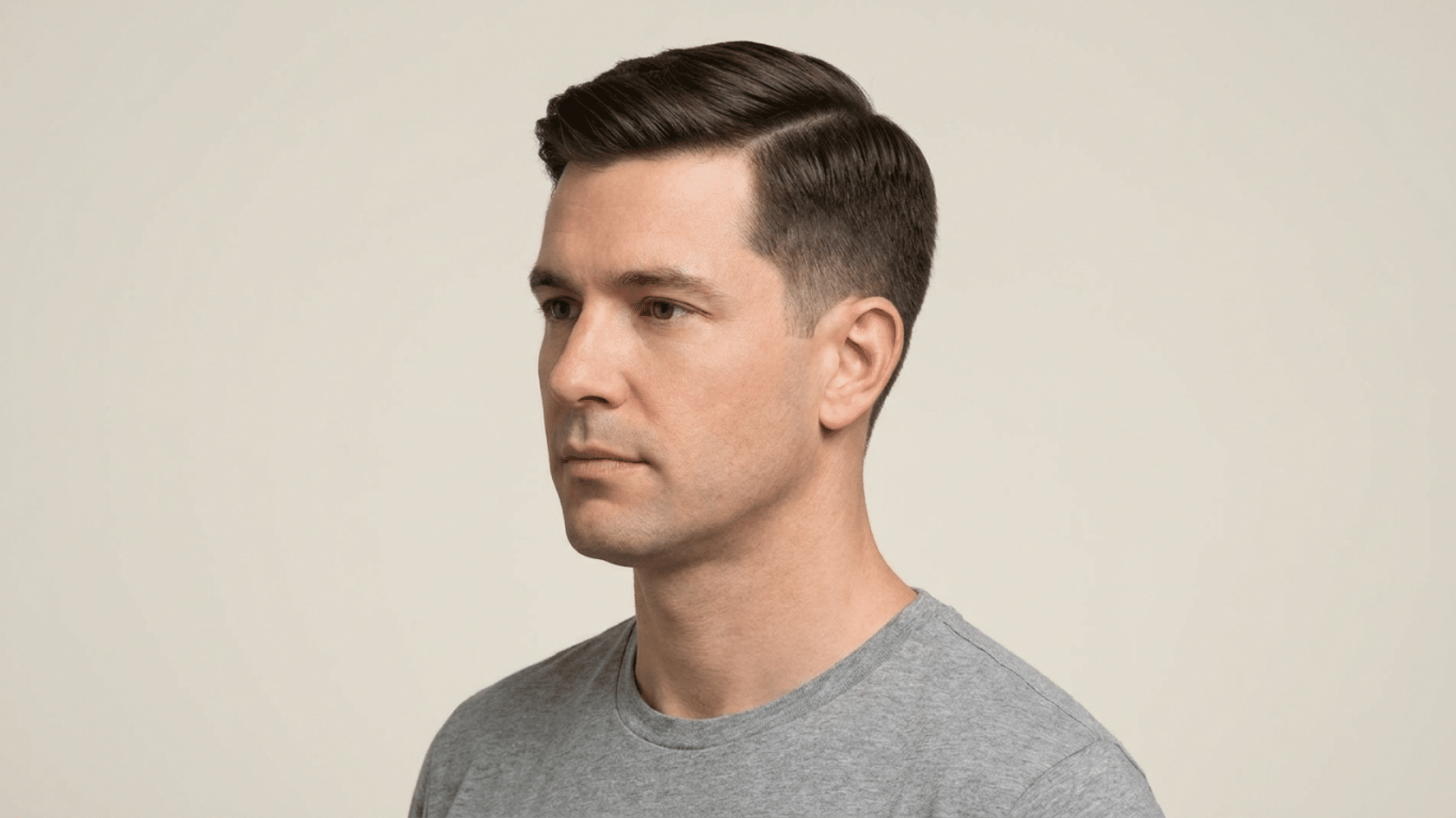 Hairstyle for men with thinning hair featuring Ivy League cut, short sides and side part on man.