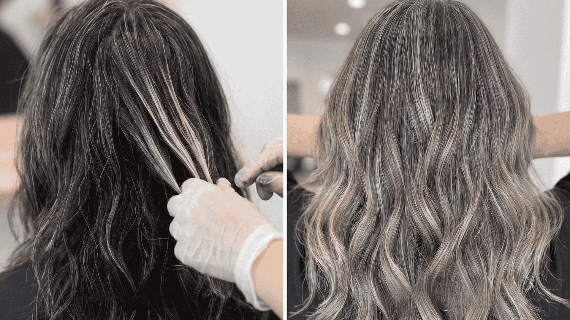 Hand-painted highlights on mid-length hair and final blended grey resul