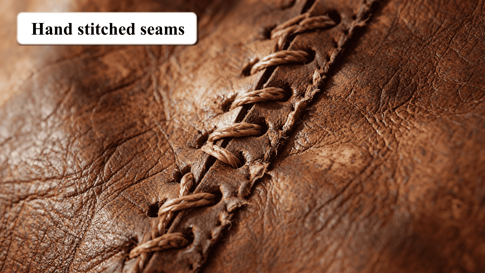 Close-up of aged leather with thick hand-stitched seams showing older craftsmanship