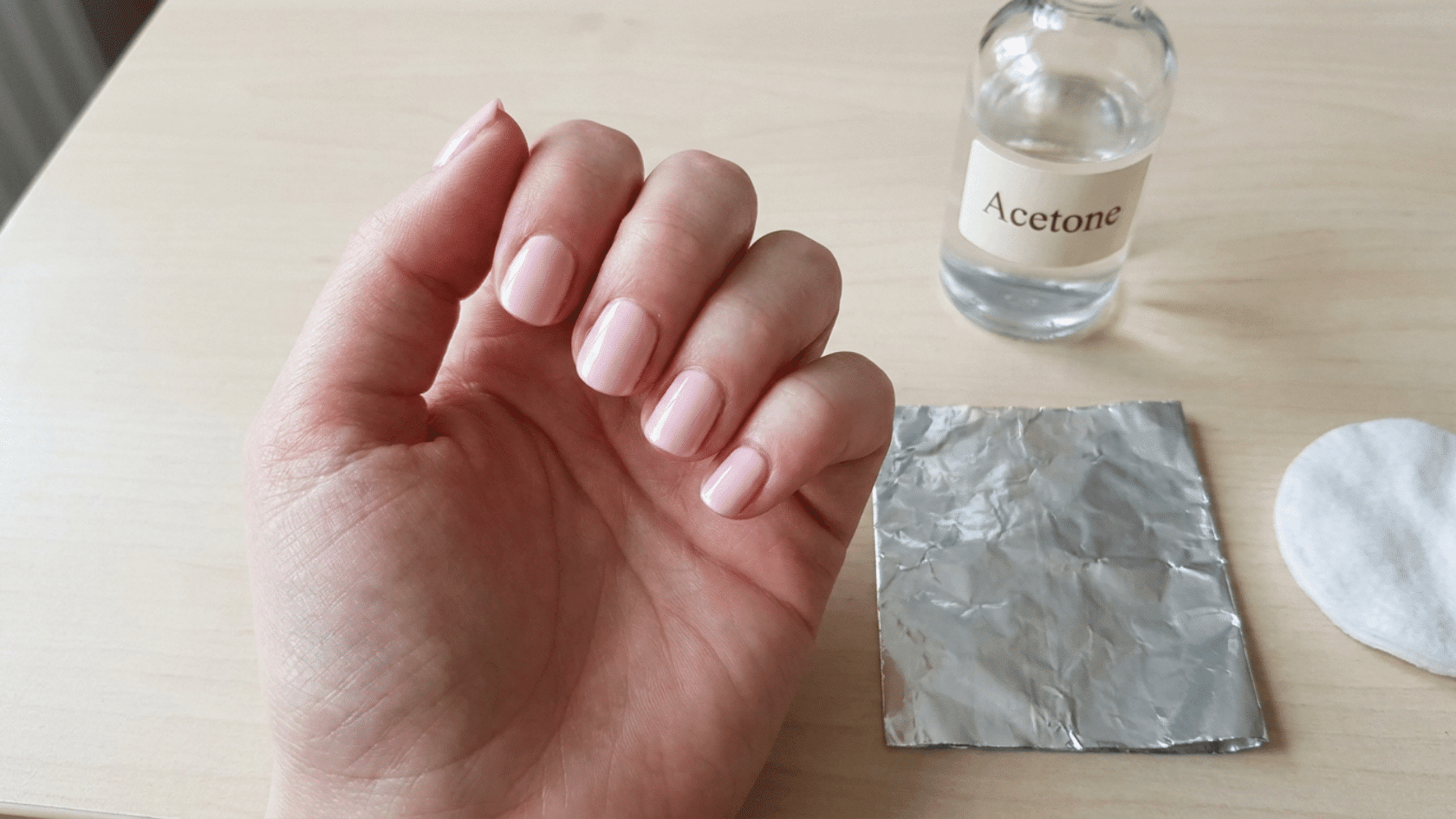 Hand with light pink nails near an acetone bottle, showing how long to soak nails in acetone.