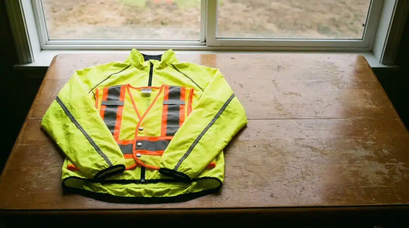 Bright yellow safety jacket with reflective stripes on a wooden table near a window