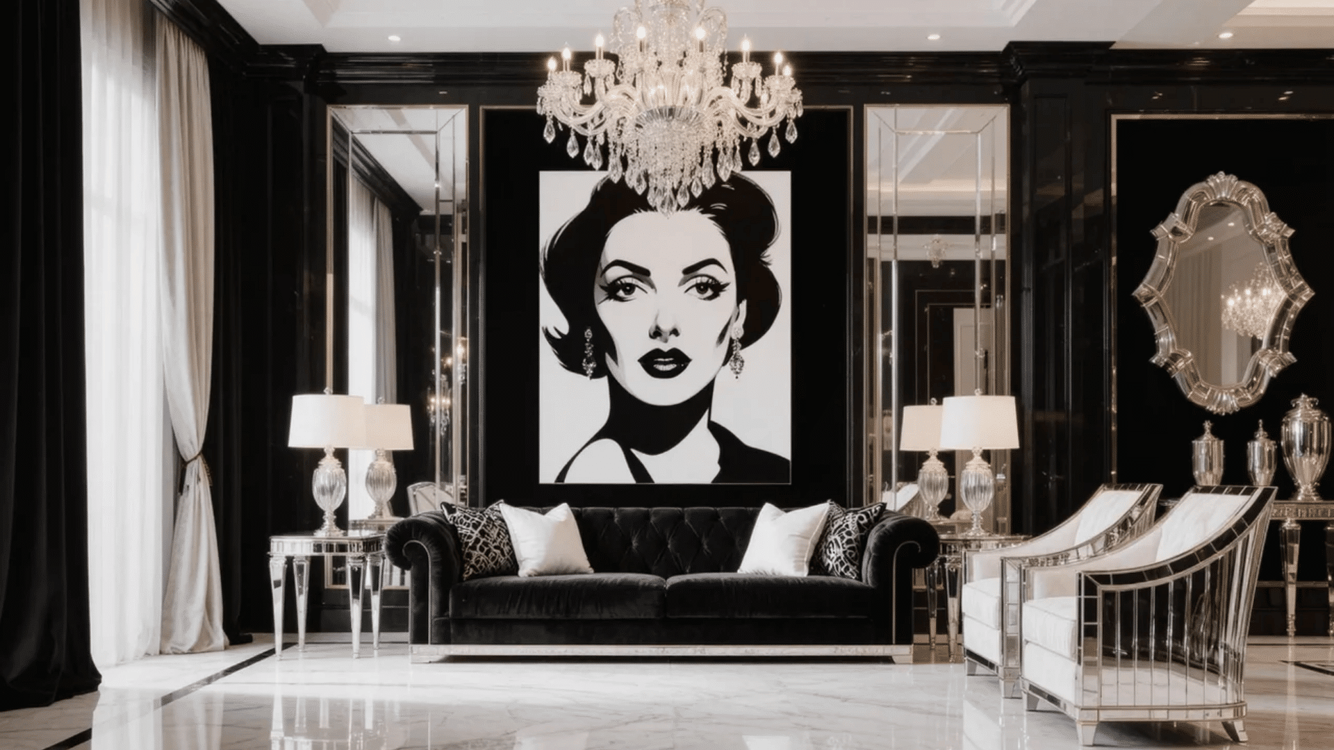 Hollywood Regency interior design styles living room with velvet sofa, mirrors, chandelier, and black decor.