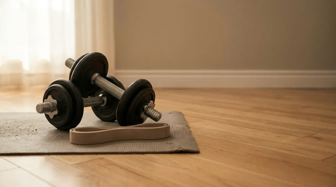 Dumbbells and resistance band on yoga mat in sunlit home gym setting