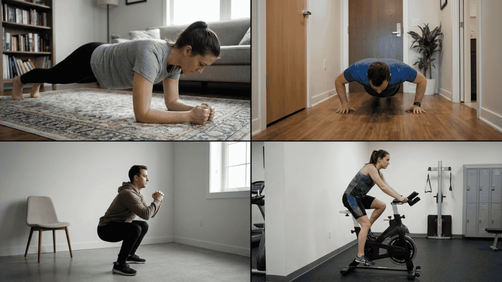 Two people performing strength training exercises with squats, dumbbell curls, barbell lifts, and resistance band workouts in a gym.
