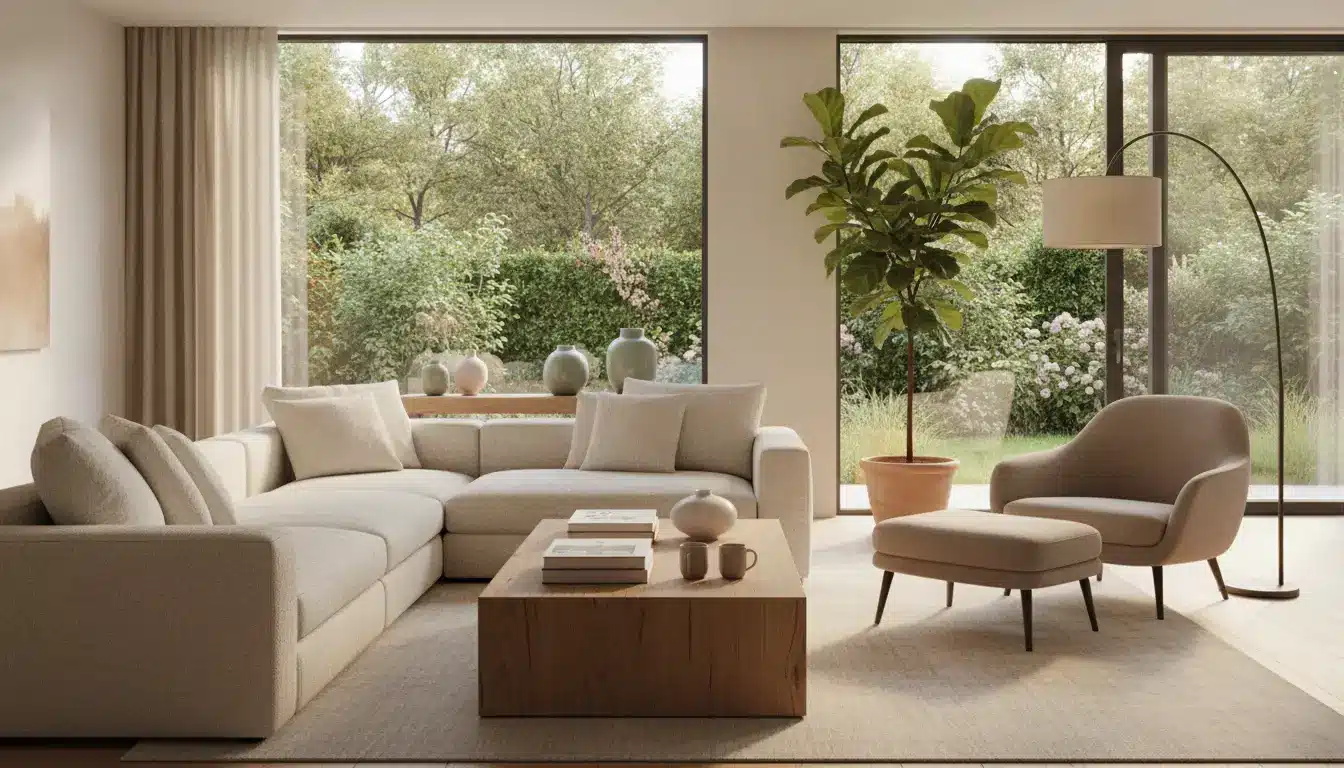 Modern living room with beige sectional sofa, wooden coffee table, large windows overlooking garden