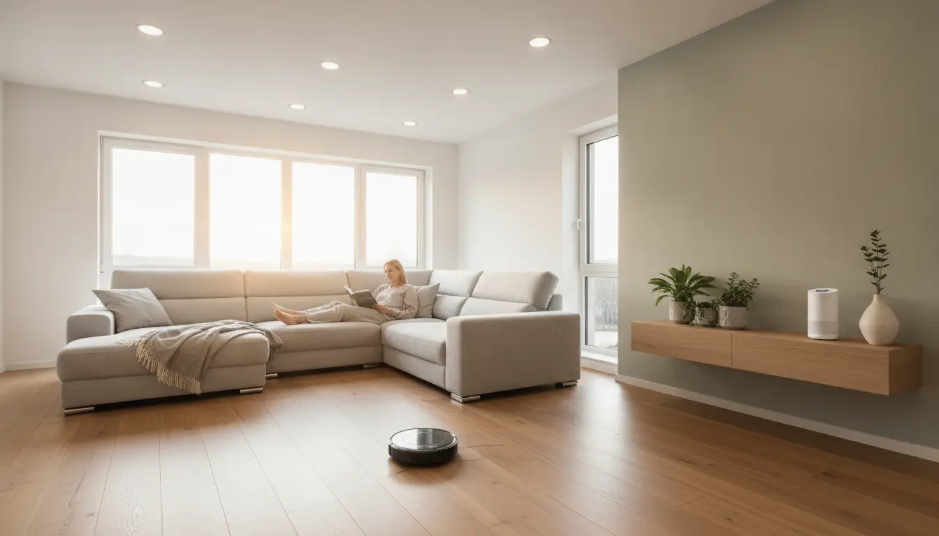 Person reading on gray sectional sofa in bright living room with robotic vacuum on wooden floor