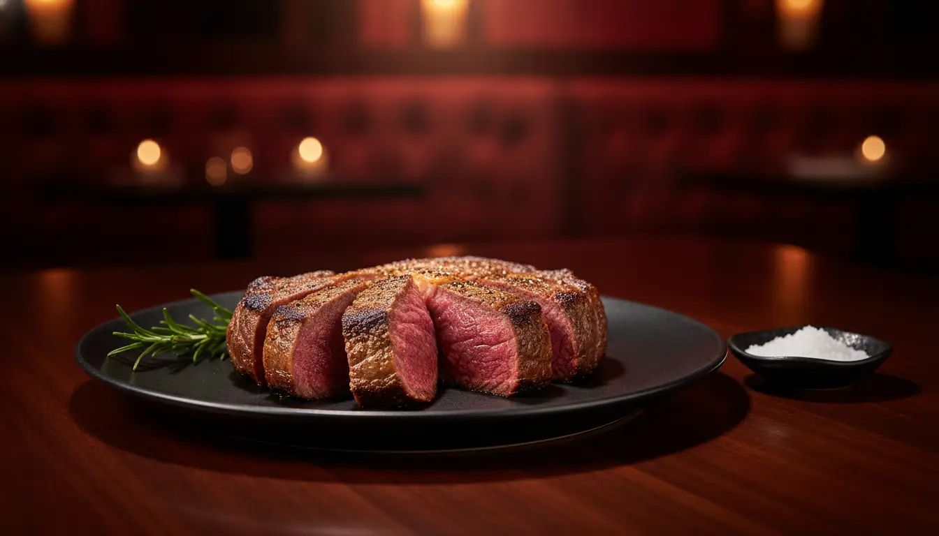 Sliced medium-rare steak on black plate with rosemary in dimly lit restaurant setting