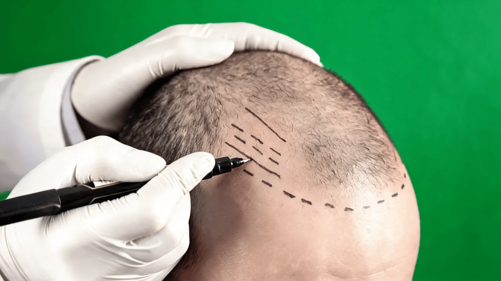 Doctor marks scalp lines before <echighlighted>hairline surgery</echighlighted> planning with a surgical pen