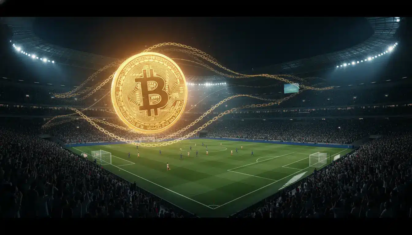 Soccer stadium filled with spectators under night lights, large Bitcoin symbol overlay above field