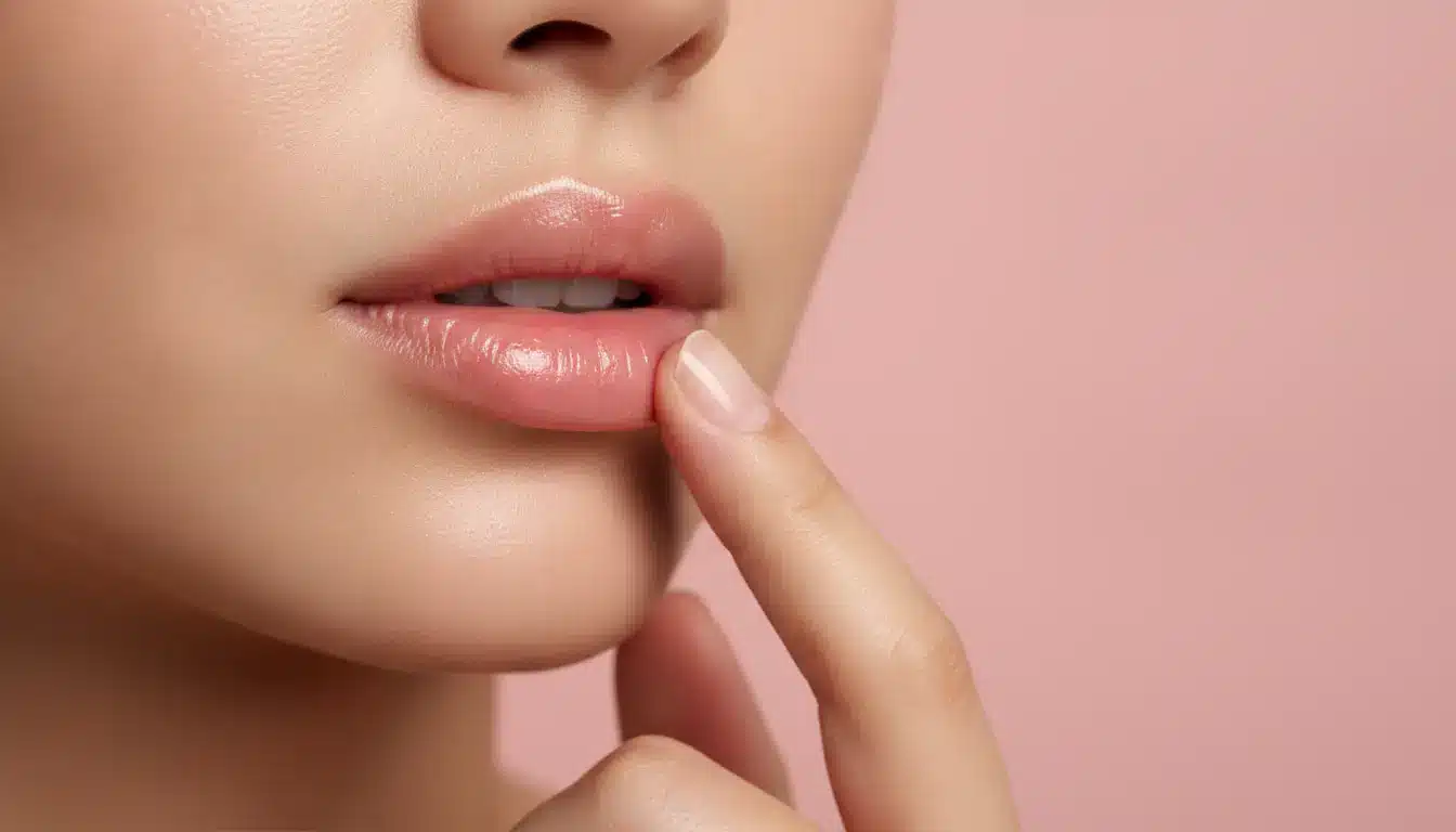 Close-up of glossy lips with finger touching lower lip on a pink background