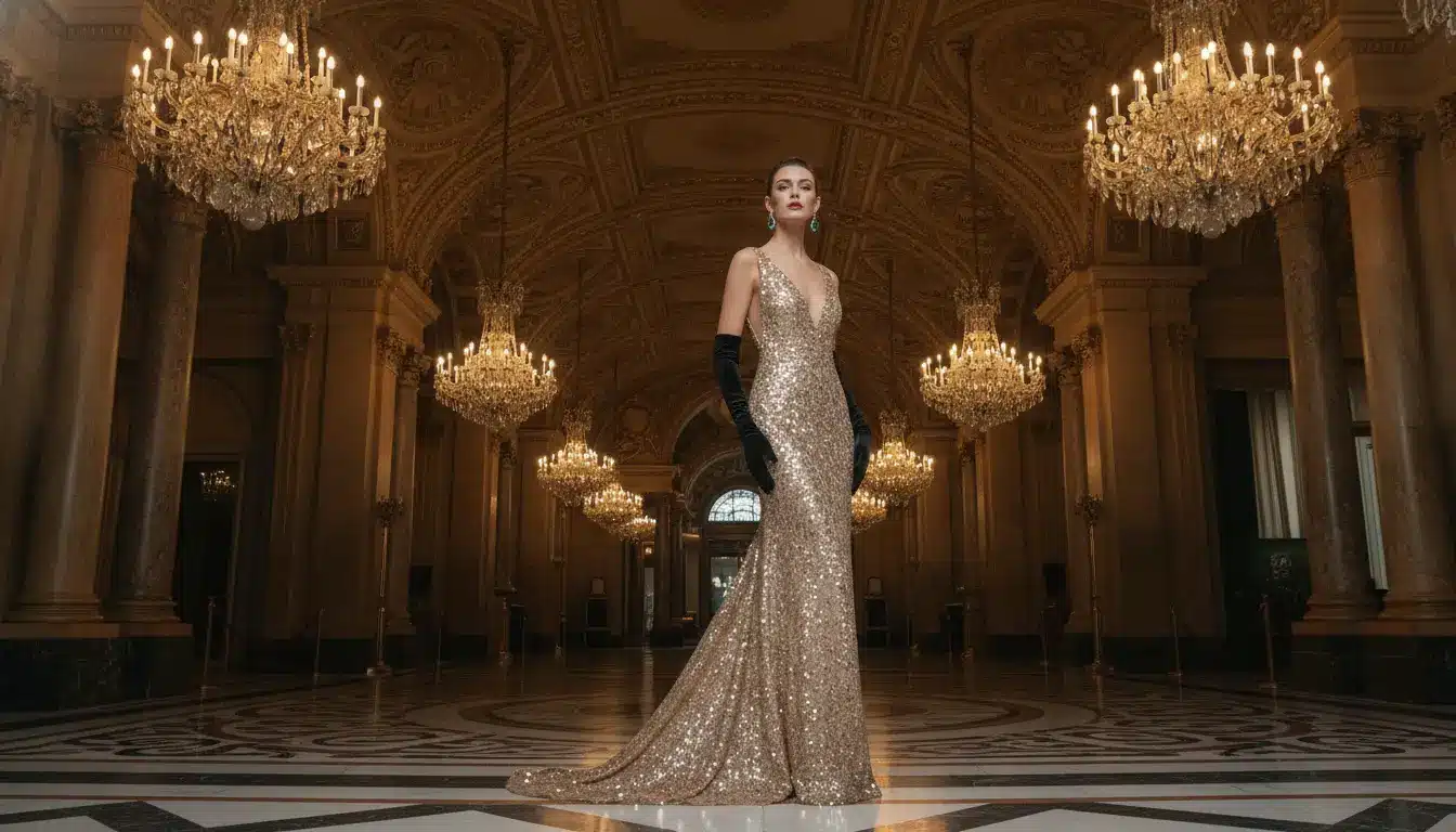 Elegant woman in sparkling gown standing in opulent ballroom under ornate chandeliers