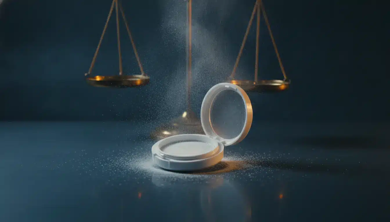 Compact face powder with open lid on table under soft spotlight, balance scale in background