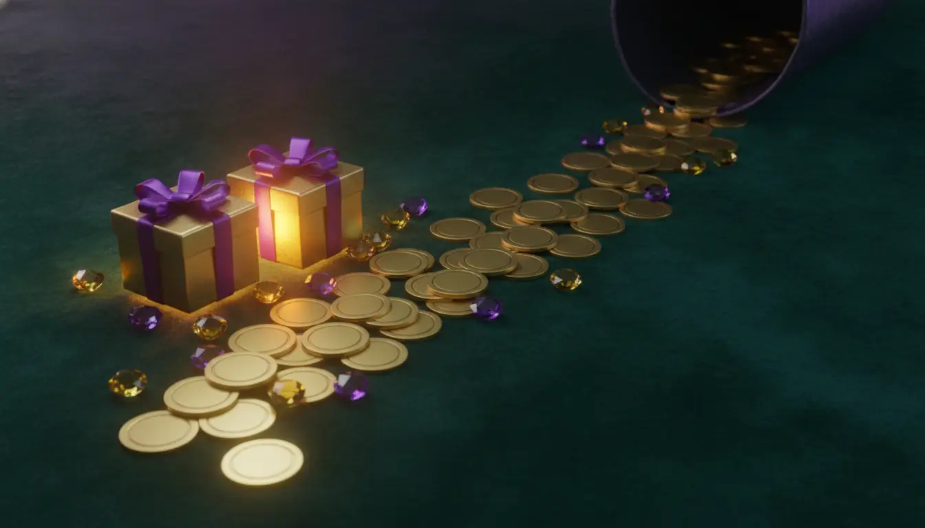 Golden coins and gems spilling from a container with gift boxes on dark fabric surface