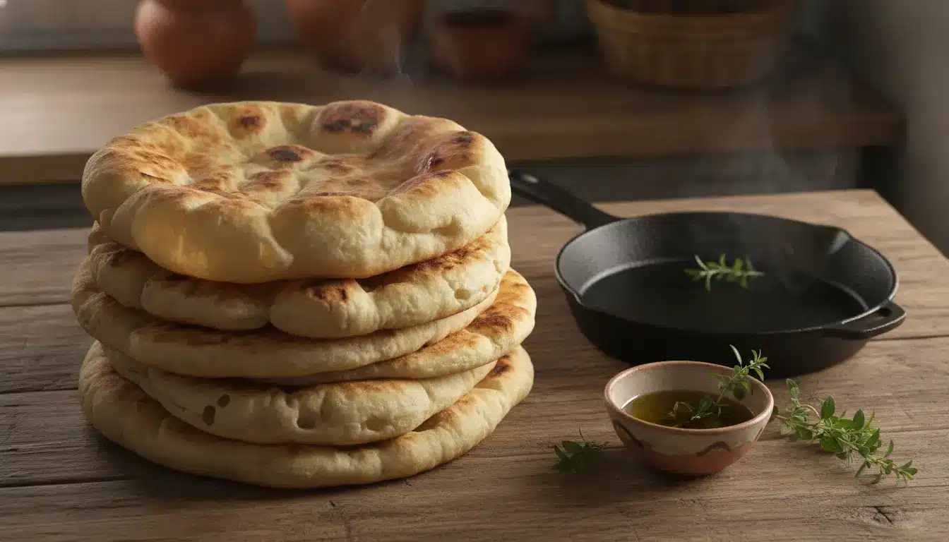 Stack of naan bread on wooden table with cast iron skillet and herb garnish