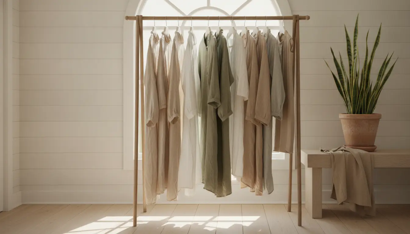 Clothing rack with neutral-toned linen dresses in bright, minimalist room with snake plant