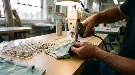Person sewing garment in workshop with industrial sewing machine and button organizer under lamp light