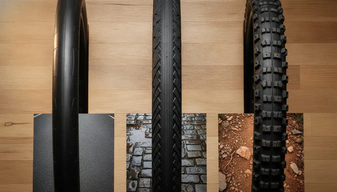Three bicycle tires with different treads on a wooden surface, each with a road texture below