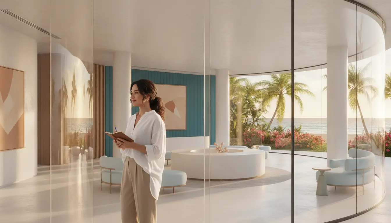 Woman holding notebook in modern beachside lounge with glass walls and palm trees outside