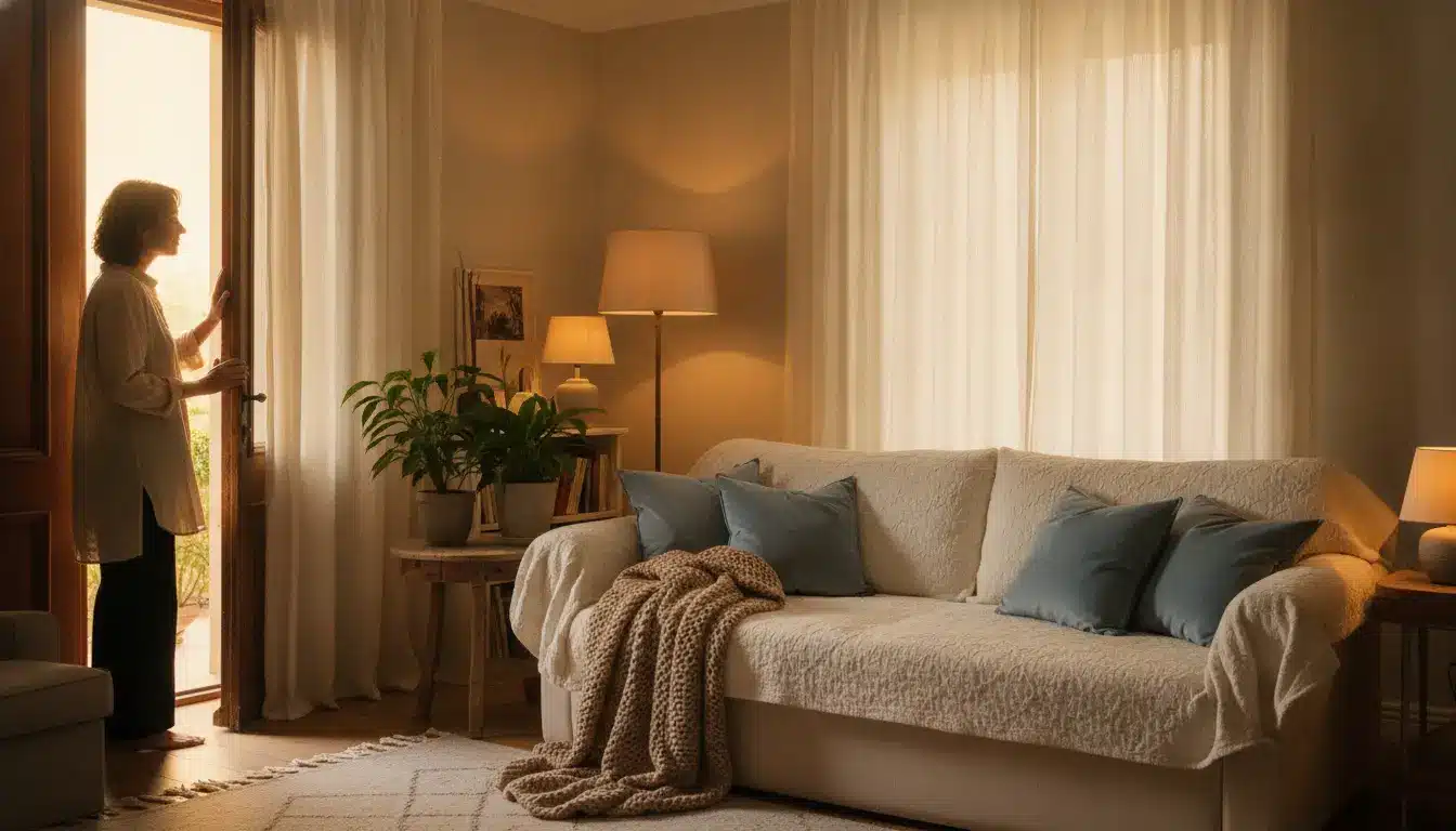 Cozy living room with person opening door, beige sofa, blue cushions, warm lighting
