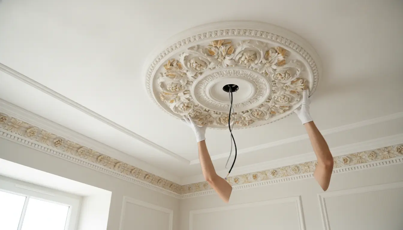 Decorative ceiling medallion being installed by gloved hands in elegant white room