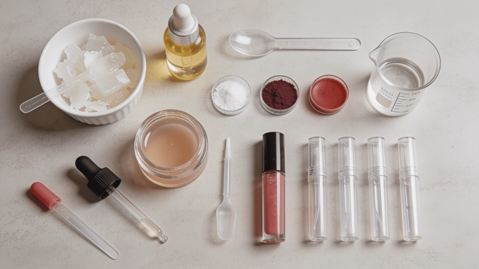 Lip gloss making tools, wax, oils, pigments, and empty tubes arranged on a clean workspace
