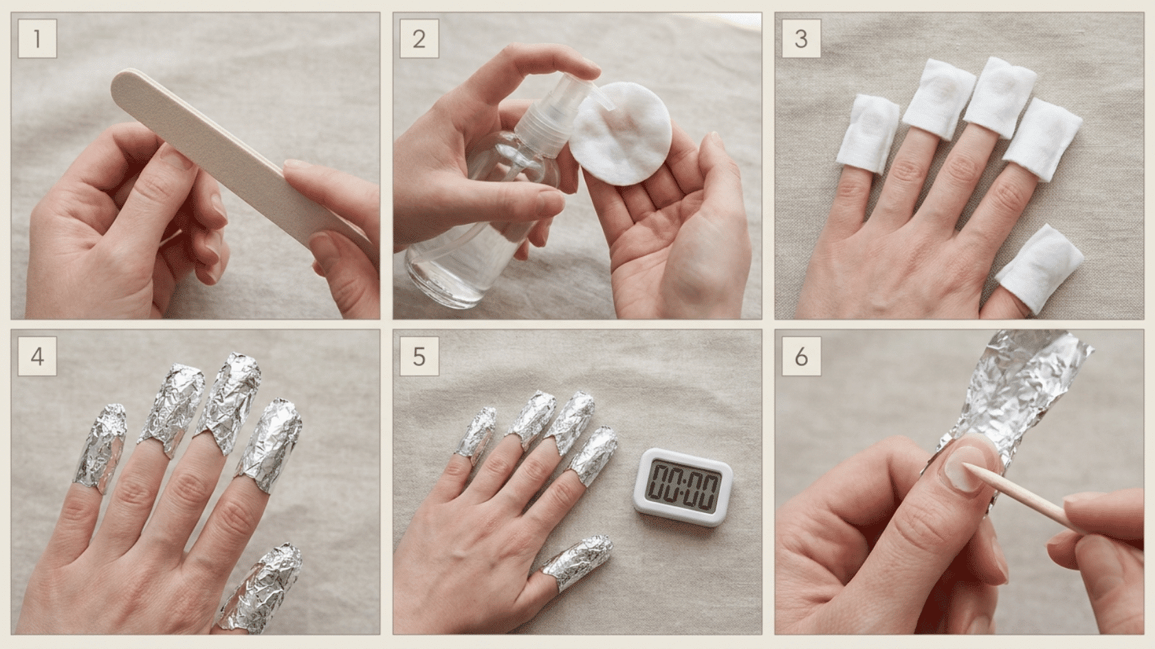 Six-step collage showing how long to soak nails in acetone using the foil wrap method.