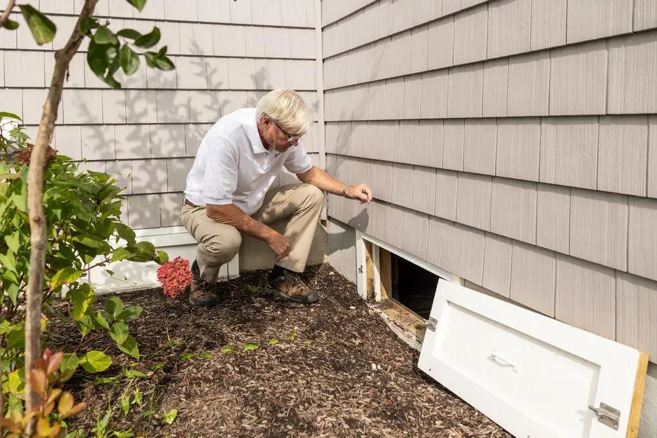 Person inspecting open crawl space door outside house with grey siding