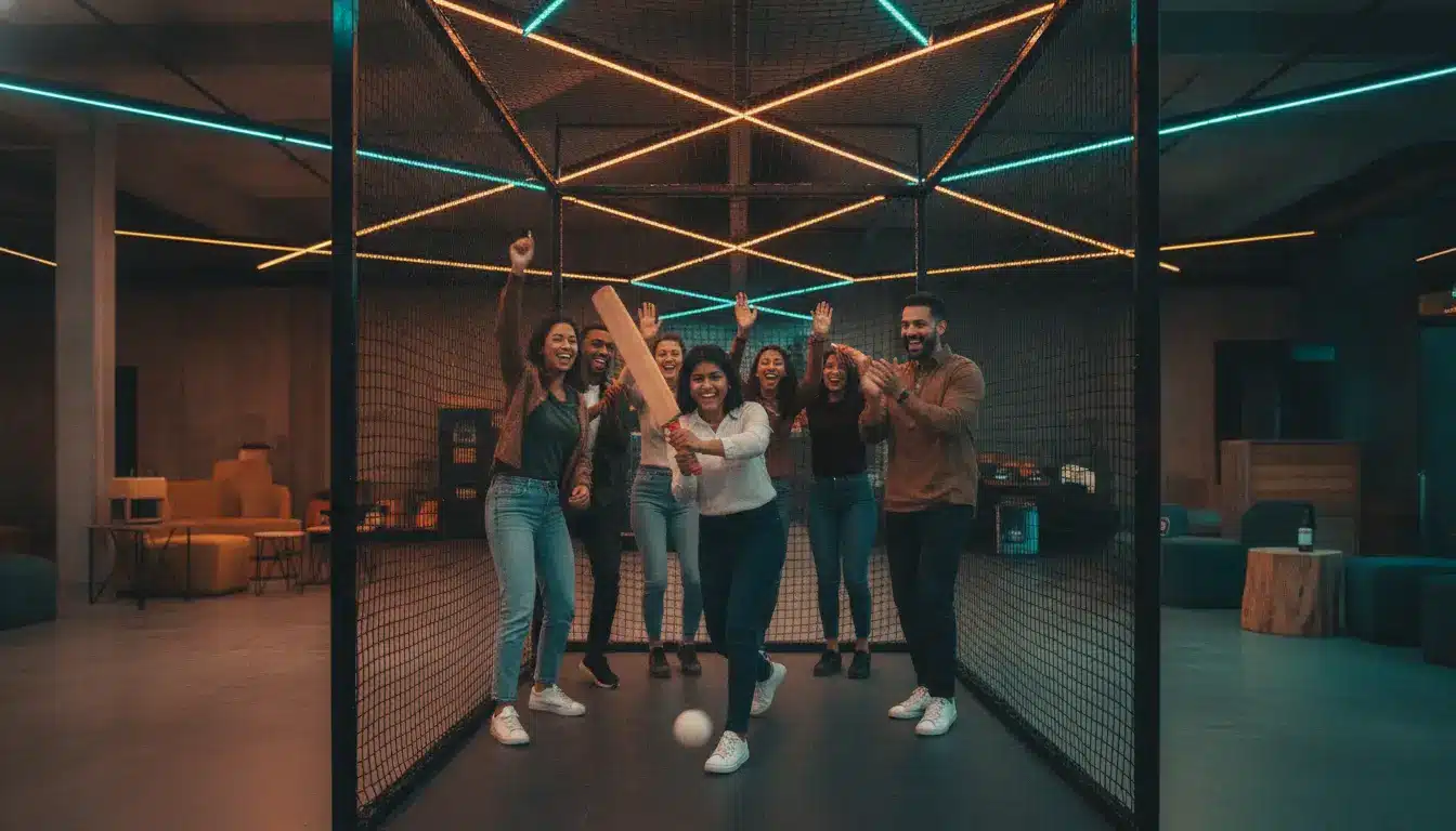 Young woman playing cricket with friends cheering in neon-lit indoor setting