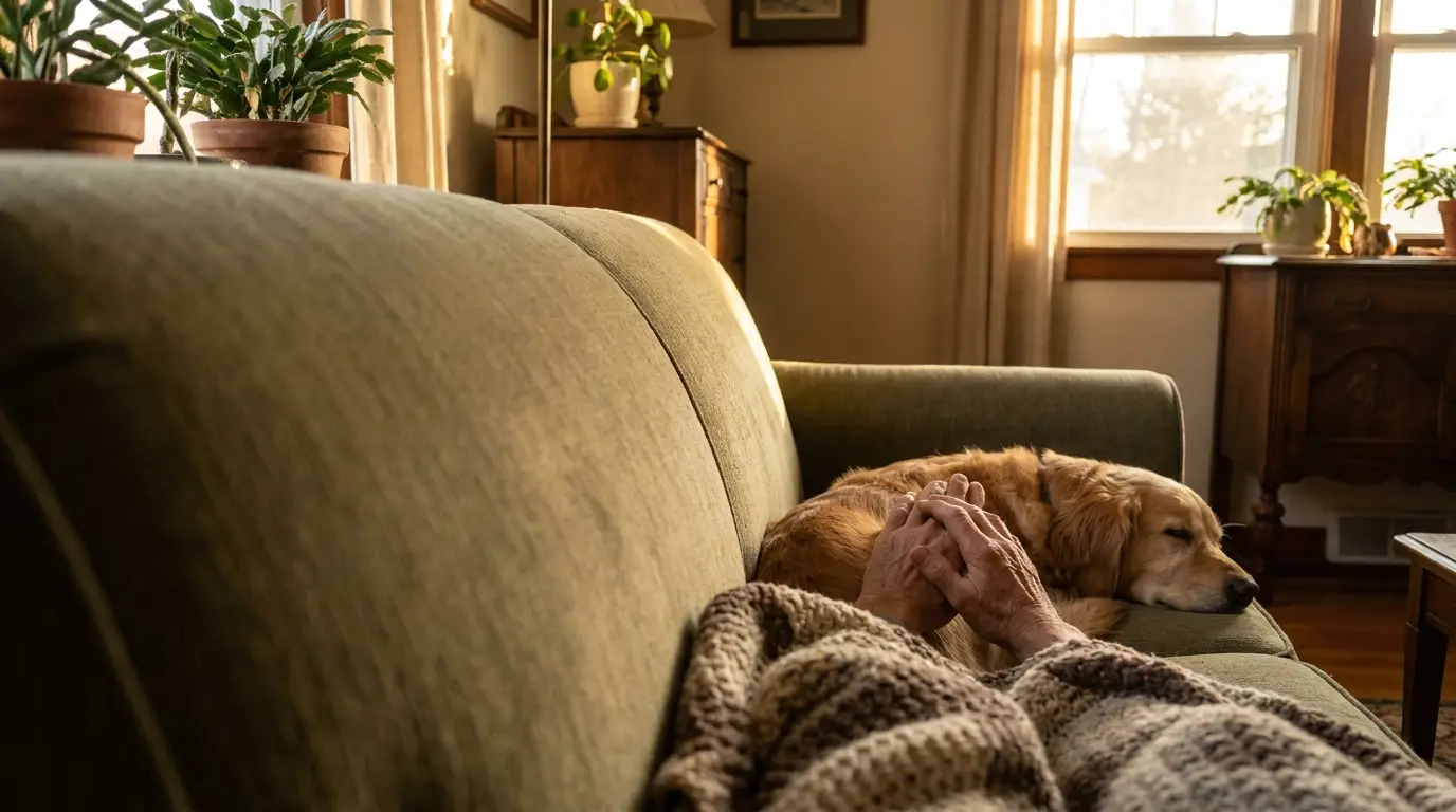 Elderly person resting on green sofa with sleeping golden retriever in cozy living room