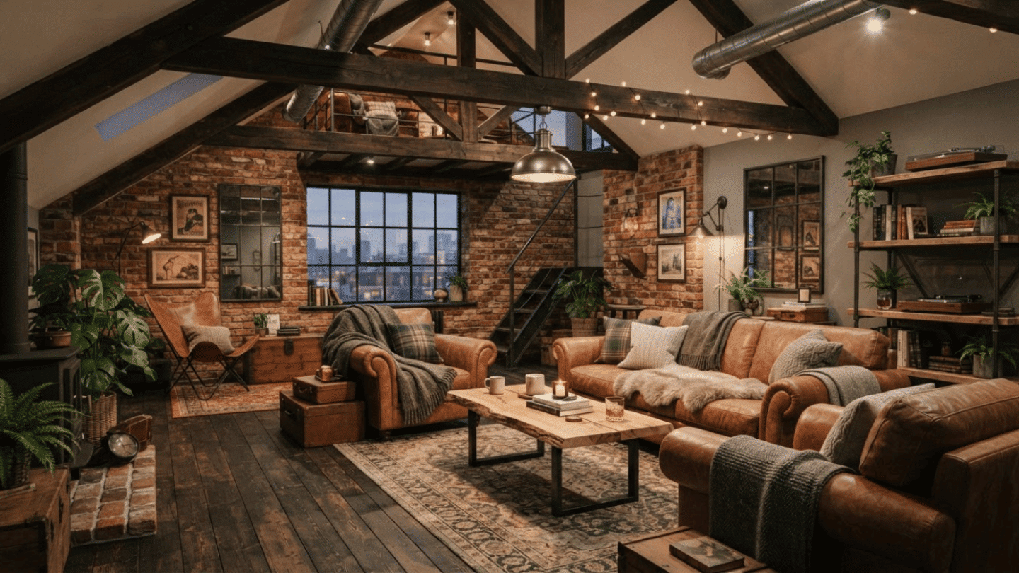 Industrial attic room with exposed beams, metal accents, brick textures, and modern furniture.