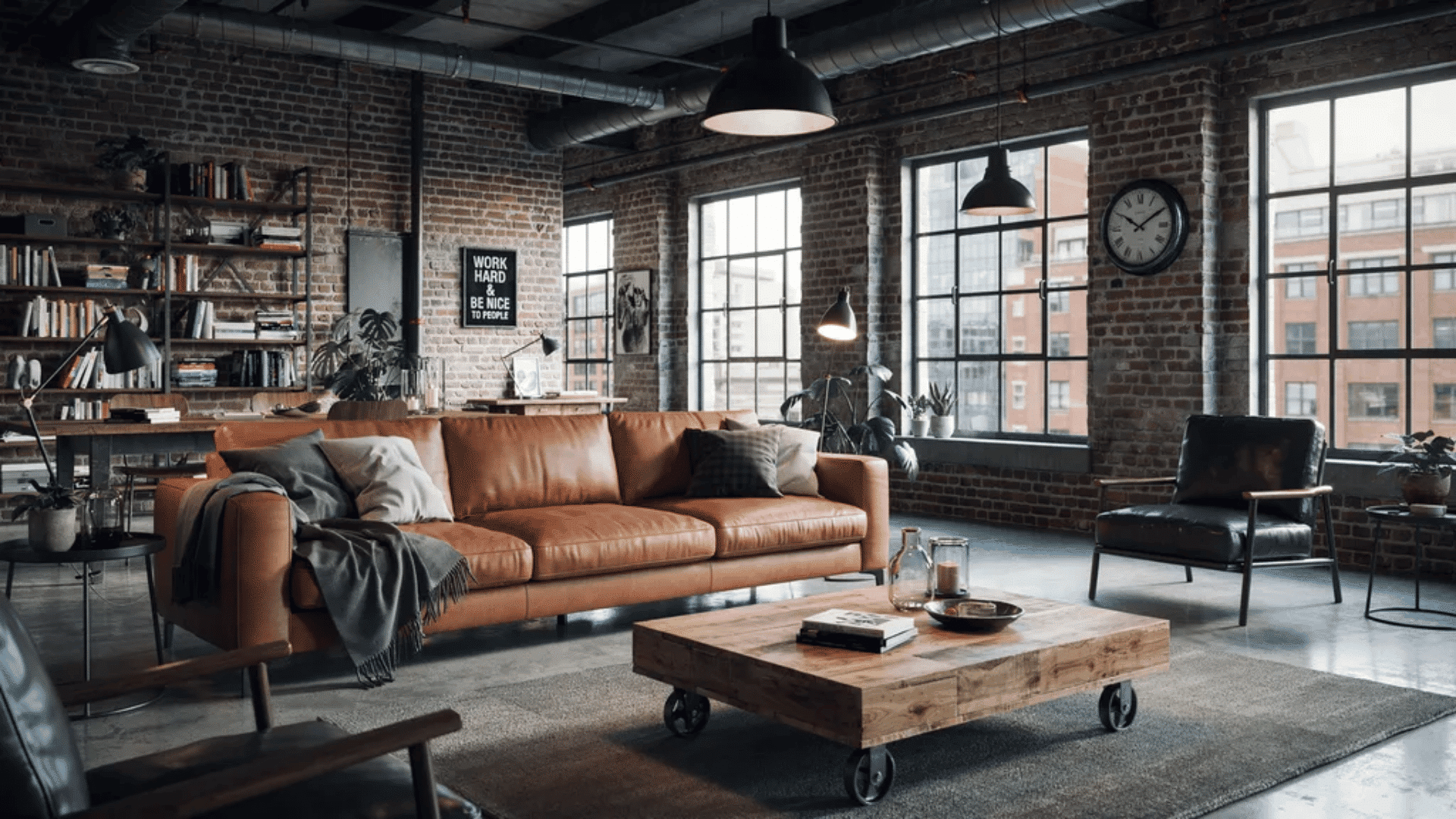 Industrial interior design styles with exposed brick walls, metal fixtures, leather sofa, and reclaimed wood furniture in a loft space.