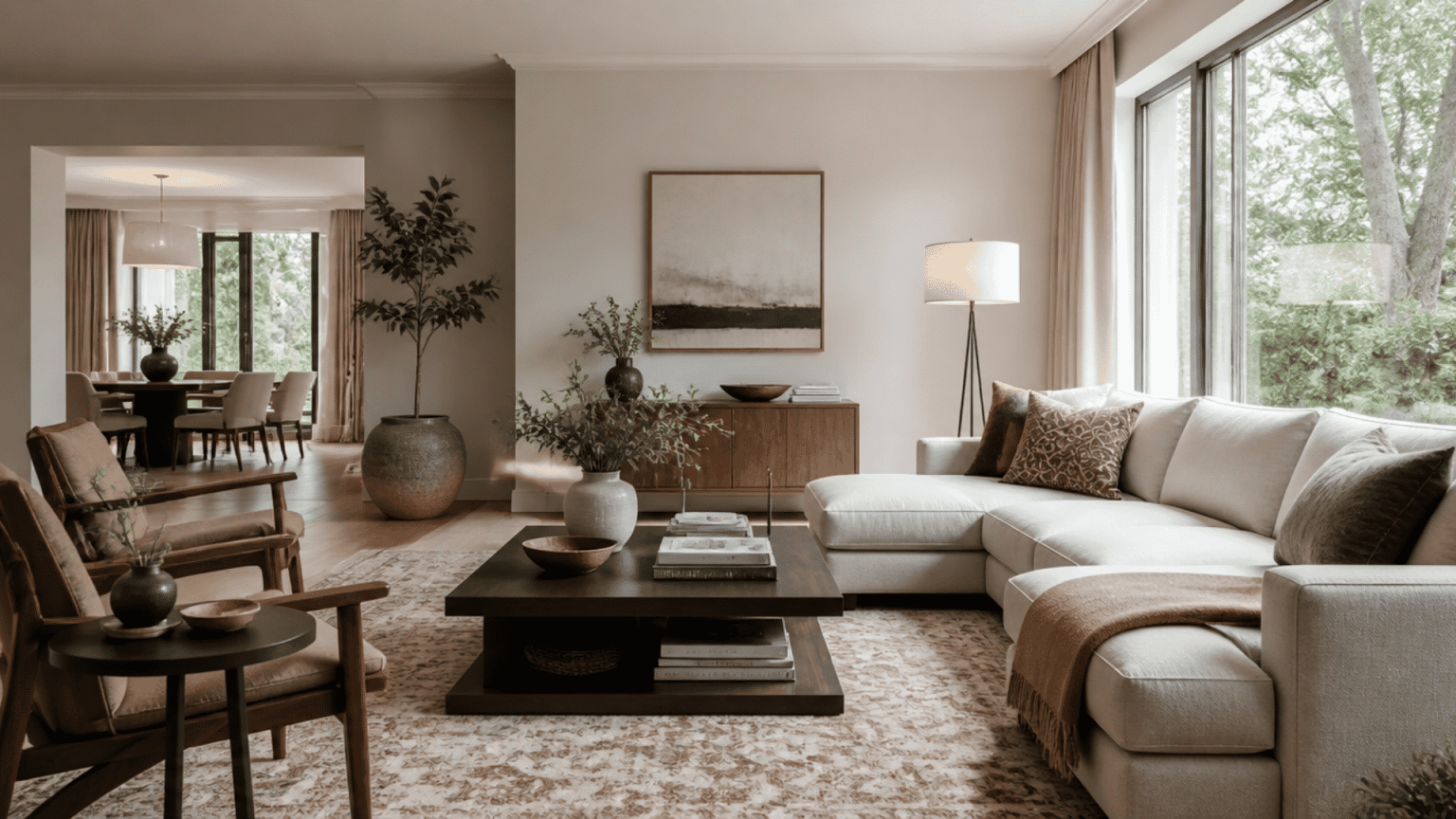 Interior design tips featuring a balanced living room with neutral furniture, layered lighting, and stylish decor.