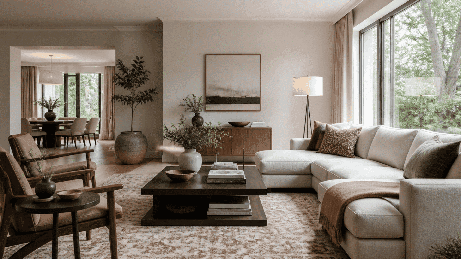 Interior design tips featuring a balanced living room with neutral furniture, layered lighting, and stylish decor.