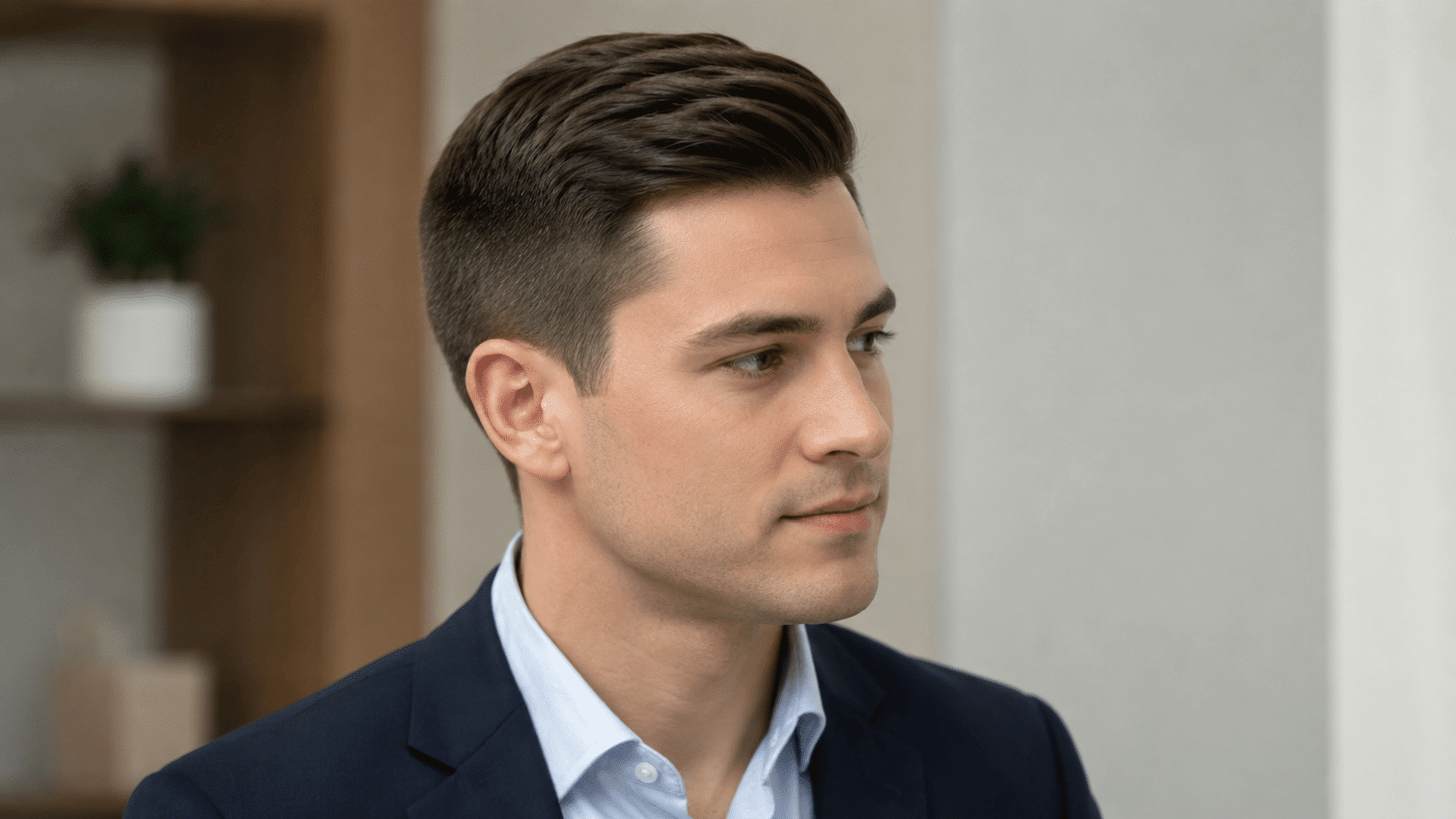Man with an Ivy League haircut styled with volume and neat tapered sides.