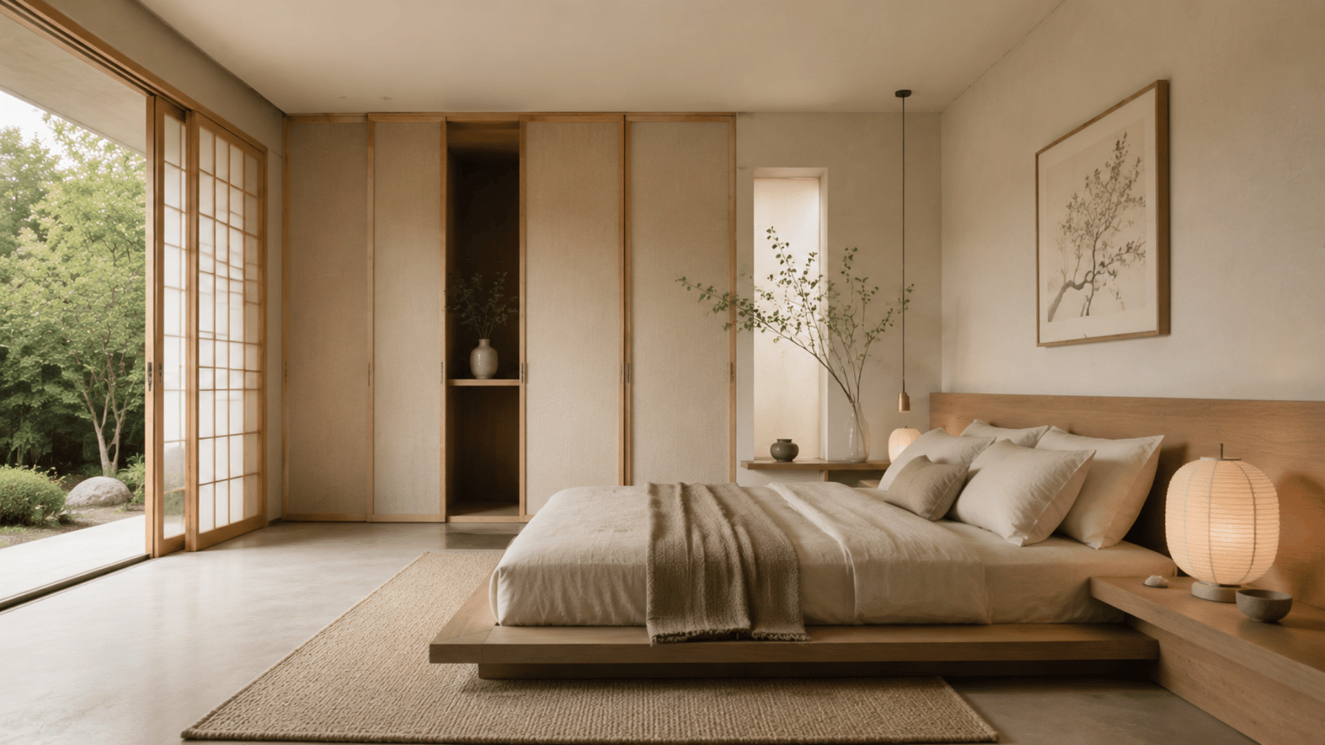Japandi bedroom with low platform bed, wood accents, sliding panels, soft neutral tones and natural light.