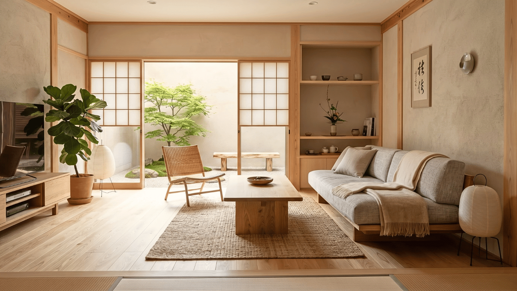 Japandi home with modern interior styles using natural materials, minimalist decor, and peaceful balanced aesthetics