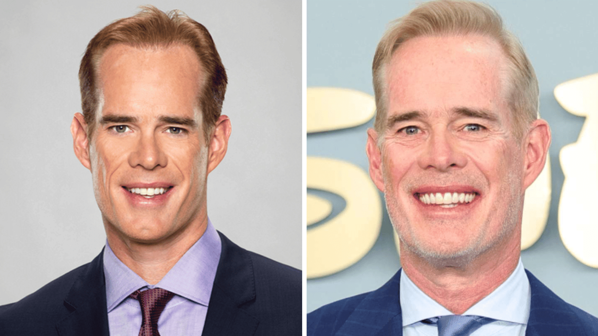 Side-by-side portraits of sportscaster Joe Buck in formal attire, showing him at different ages and smiling.