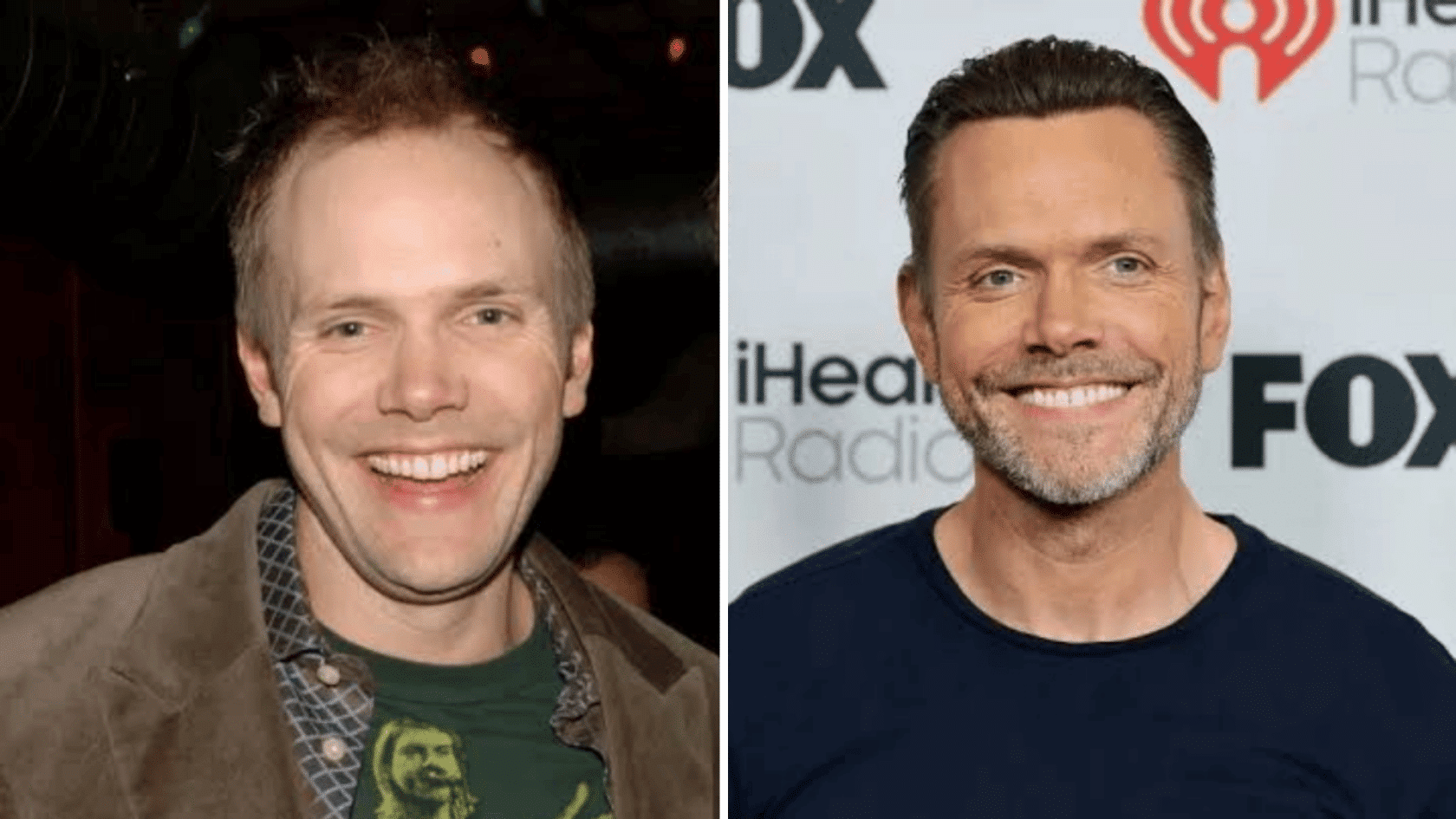Side-by-side portraits of a man: left image shows him younger with casual attire and slightly messy hair, right image shows him older with a groomed beard and smiling in front of a branded backdrop.