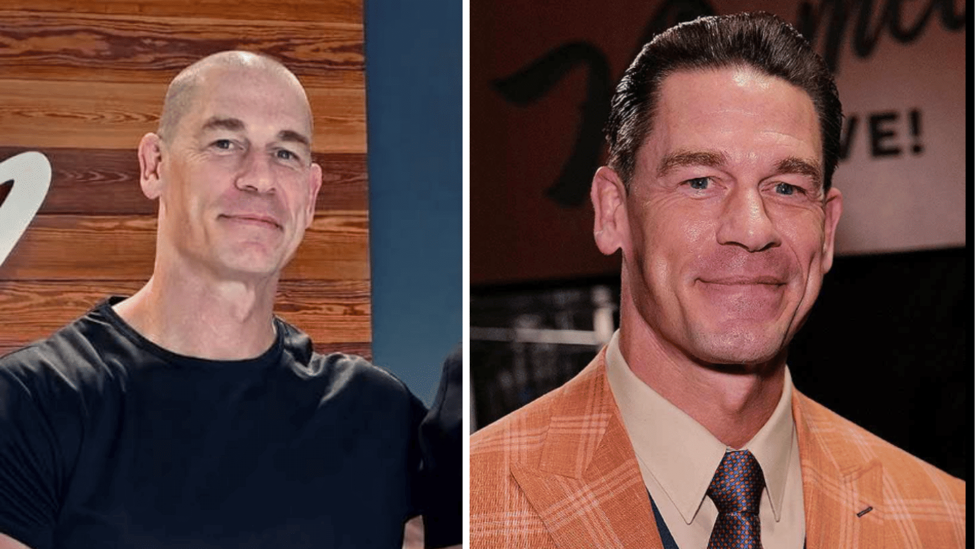 Side-by-side portraits of two men: left bald man in black shirt against wooden background; right man in orange suit smiling at camera