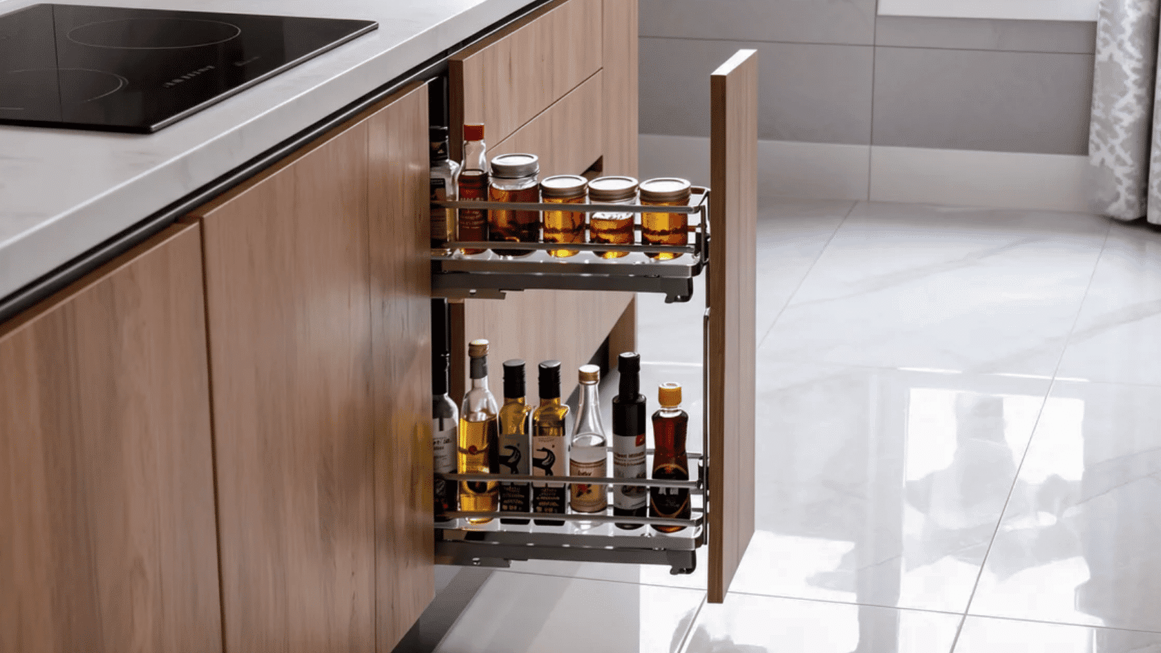 Kitchen cabinet with pull-out shelves holding spice jars and bottles beside a countertop.