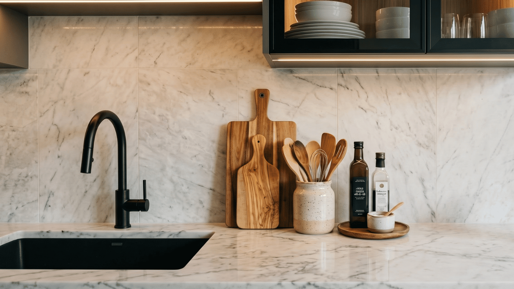 Kitchen countertop with sink, cutting boards, utensils, bottles, and upper cabinets.
