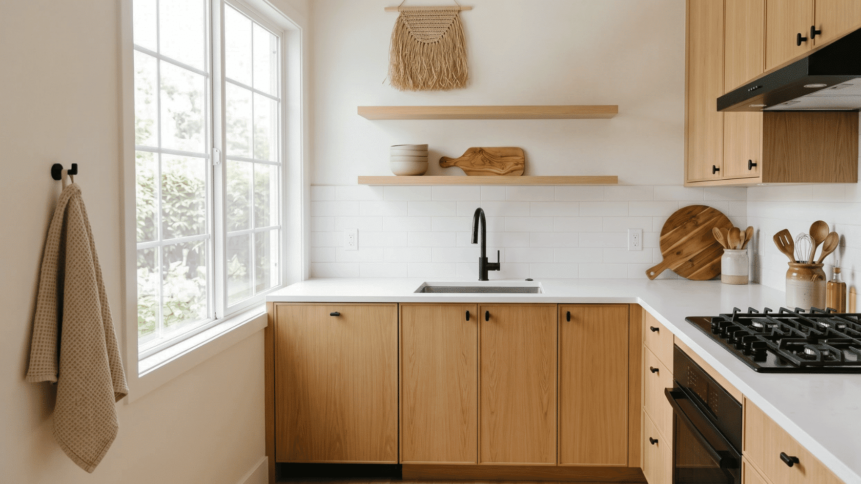 Kitchen with wooden cabinets, sink, shelves, stove, utensils, cutting boards, and window.
